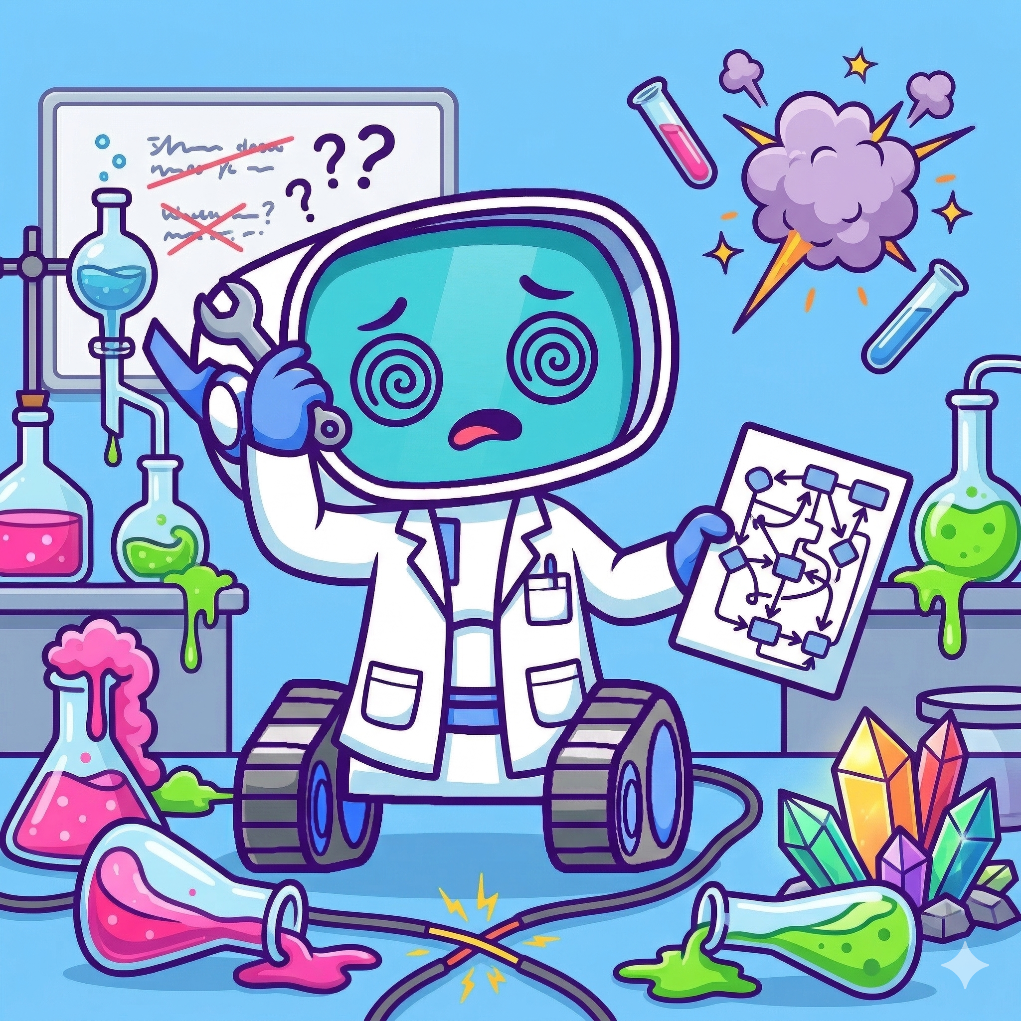 A confused robot surrounded by chaotic lab equipment — Gwop abstracts away chain and wallet complexity