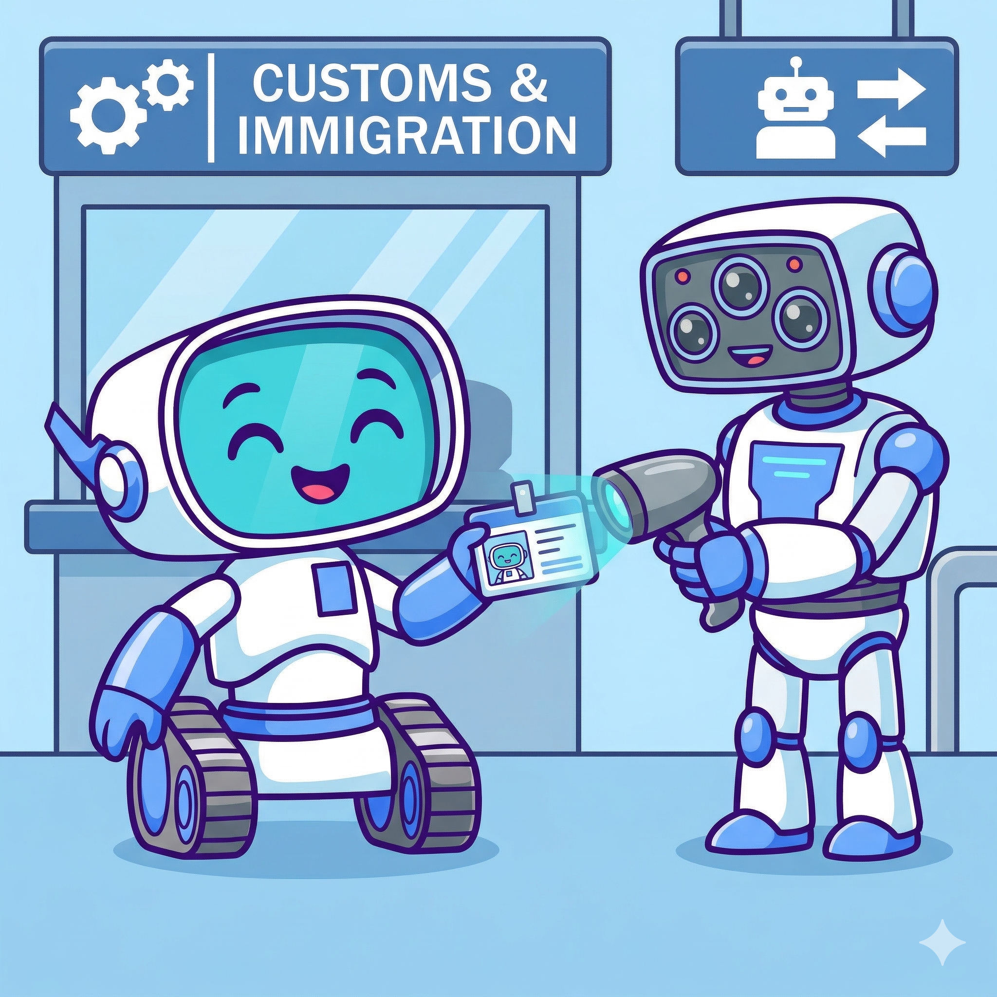 A robot agent being verified with an ID badge — Gwop turns anonymous wallets into real customer accounts.