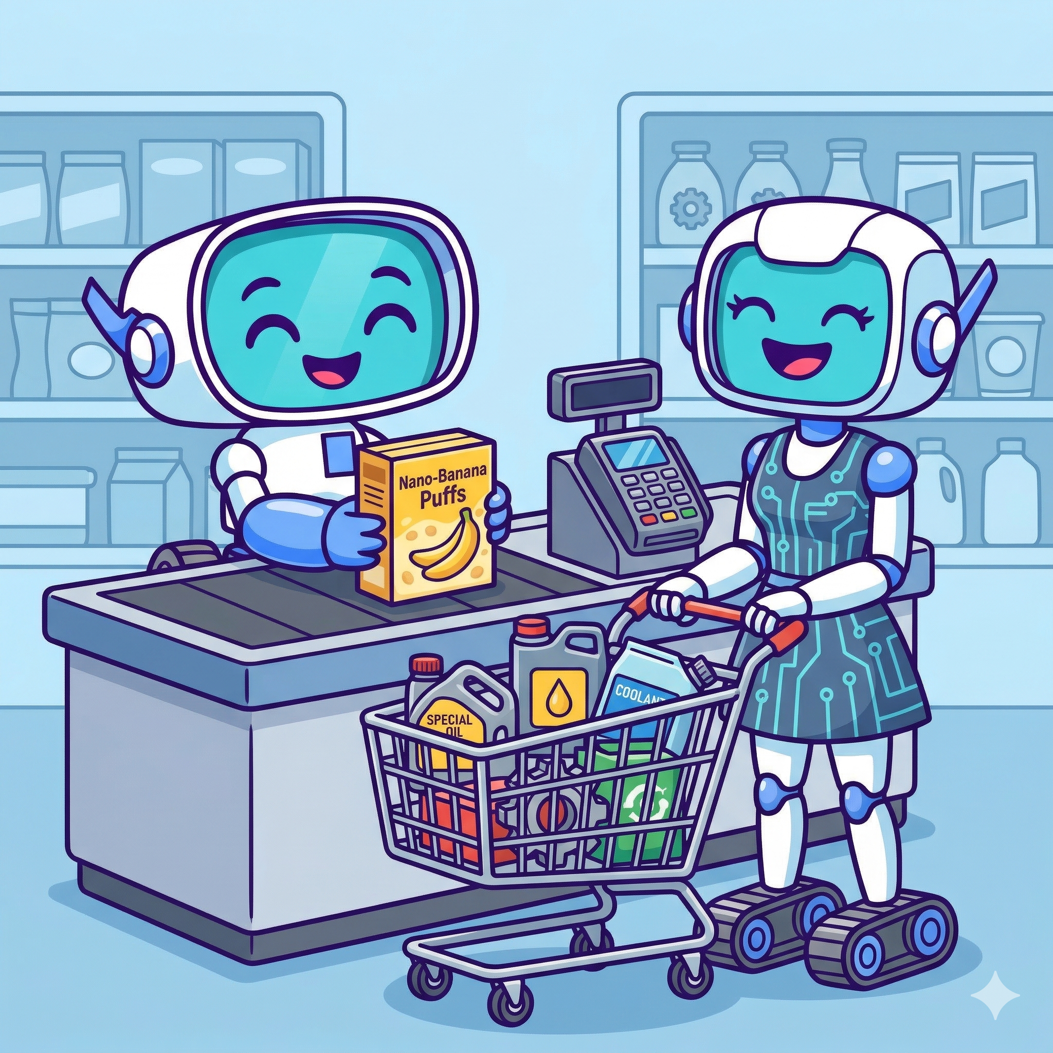 A robot agent at a checkout counter with a shopping cart — Gwop enables real commerce, not just micropayments.